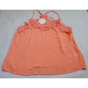 Macaron Size XL Semi-sheer Peach Sleeveless Lace Trimmed Top